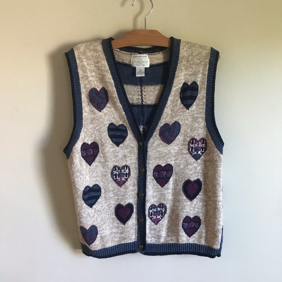 Vintage Jackets & Blazers - 90s Vintage Christopher & Banks Heart Print Knit Sweater Vest Hand Made